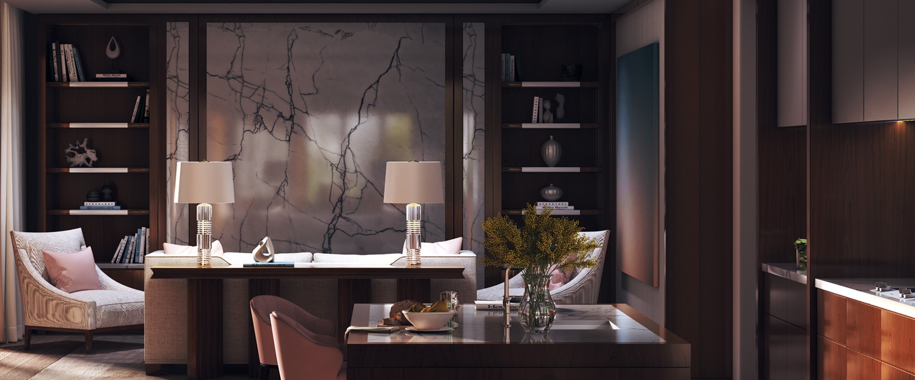 Eleganckie wnętrze z drewnianymi półkami, marmurowym panelem ściennym i stylowymi dekoracjami. Luksusowy design salonu połączony z jadalnią, pełen harmonii i ciepła.