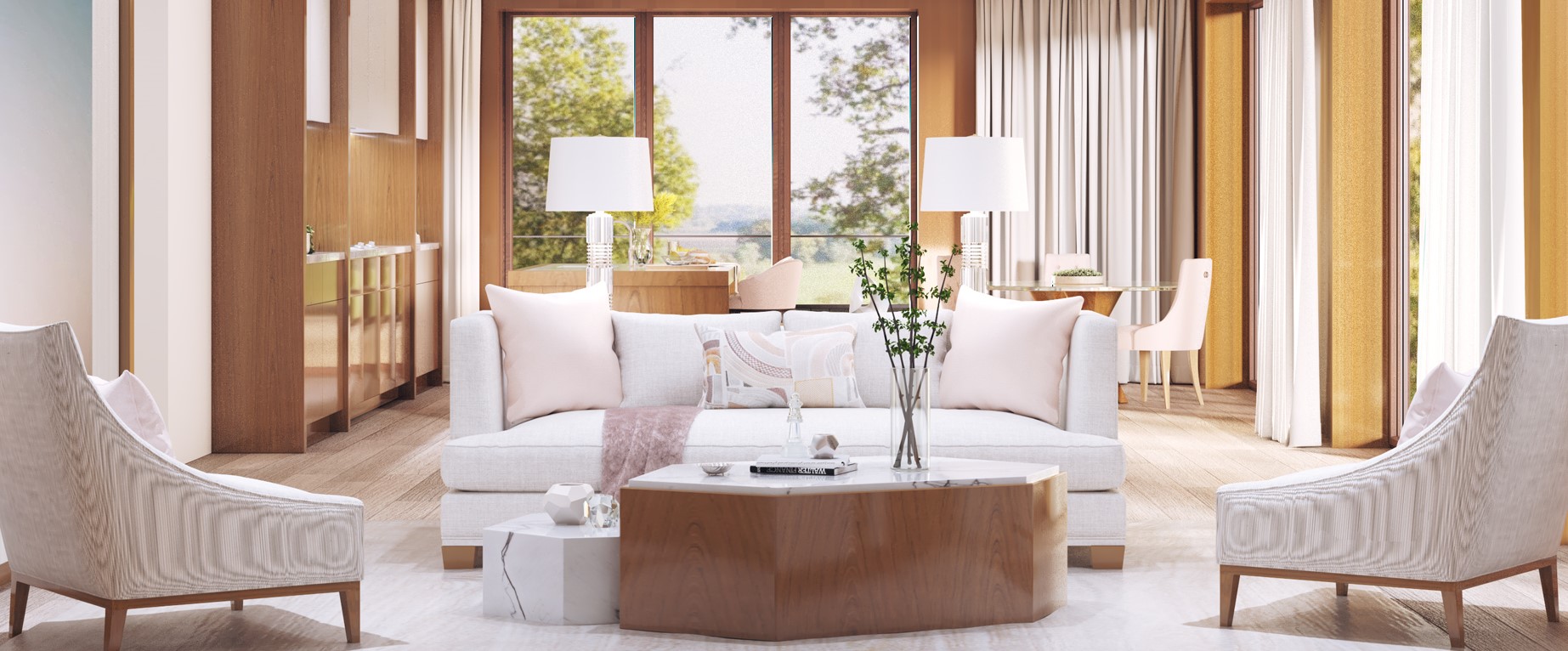 Jasne, przestronne wnętrze salonu z dużymi oknami, kremową sofą, drewnianymi elementami i eleganckimi fotelami. Nowoczesny design z naturalnym światłem i widokiem na ogród.