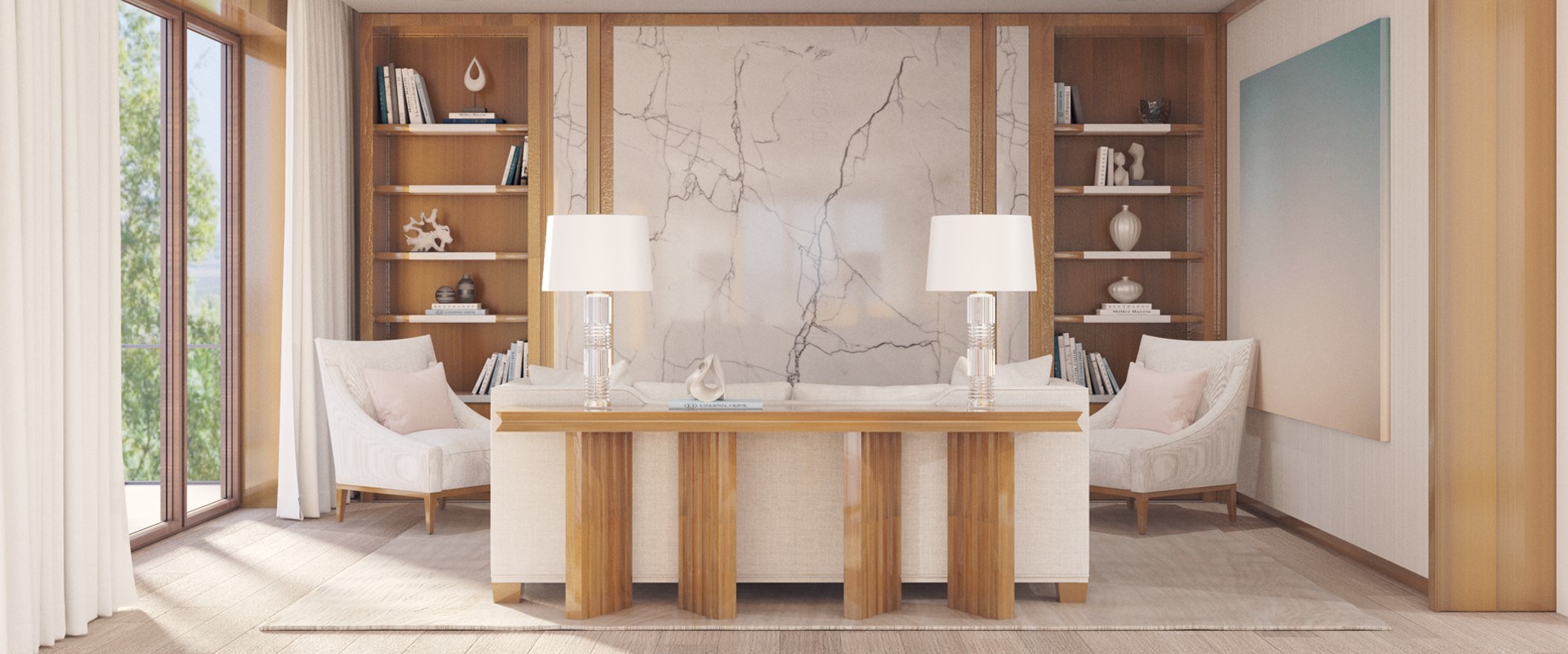 Jasny salon z drewnianymi półkami, marmurową dekoracją ścienną i eleganckimi fotelami